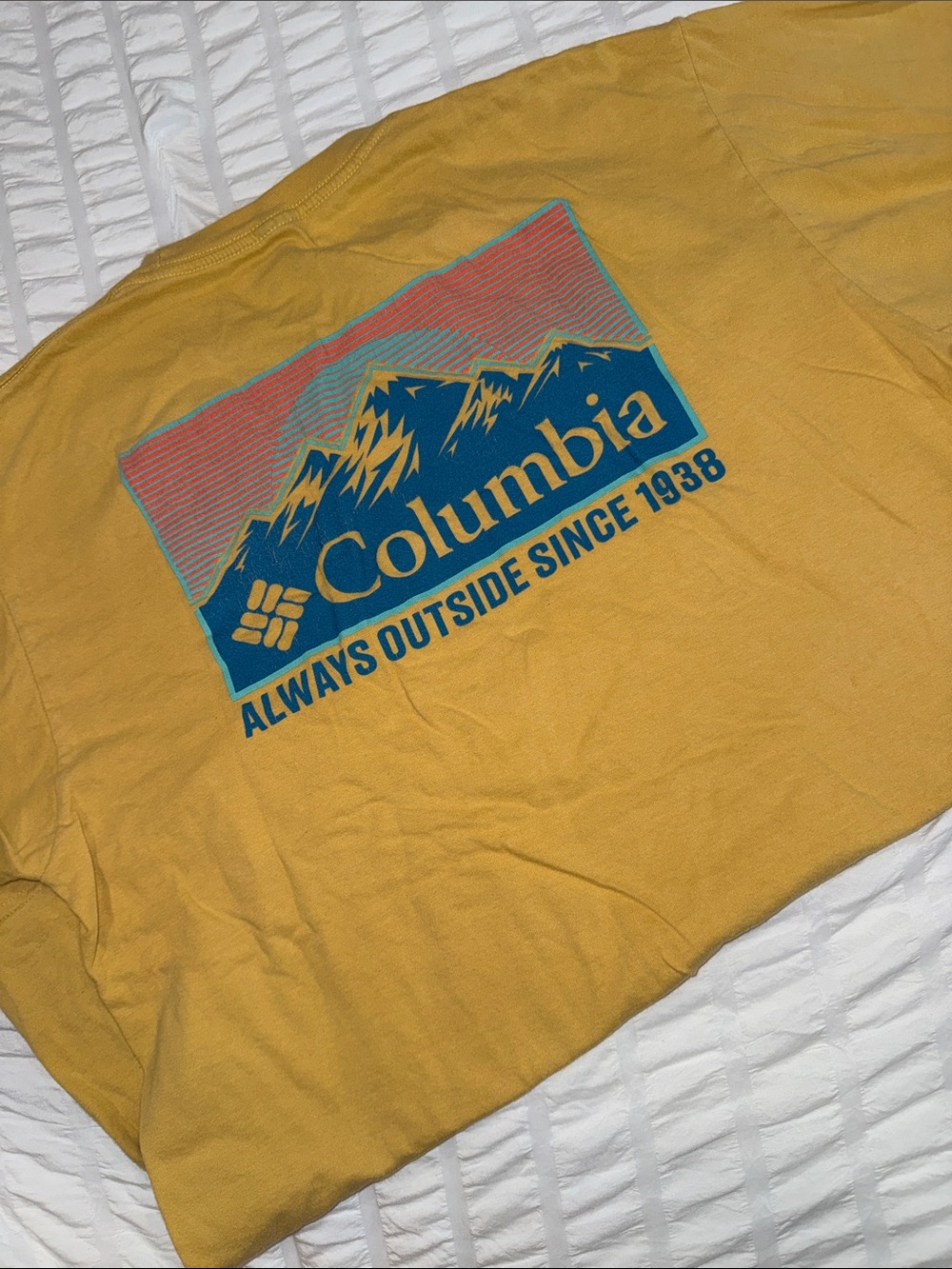 Columbia Men's Yellow Long Sleeve Graphic Tee with Blue Logo
